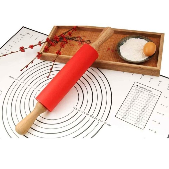 Silicone Pastry Mat (BLACK) and Rolling Pin (RED) Set with Measurements - Picture 2 of 5